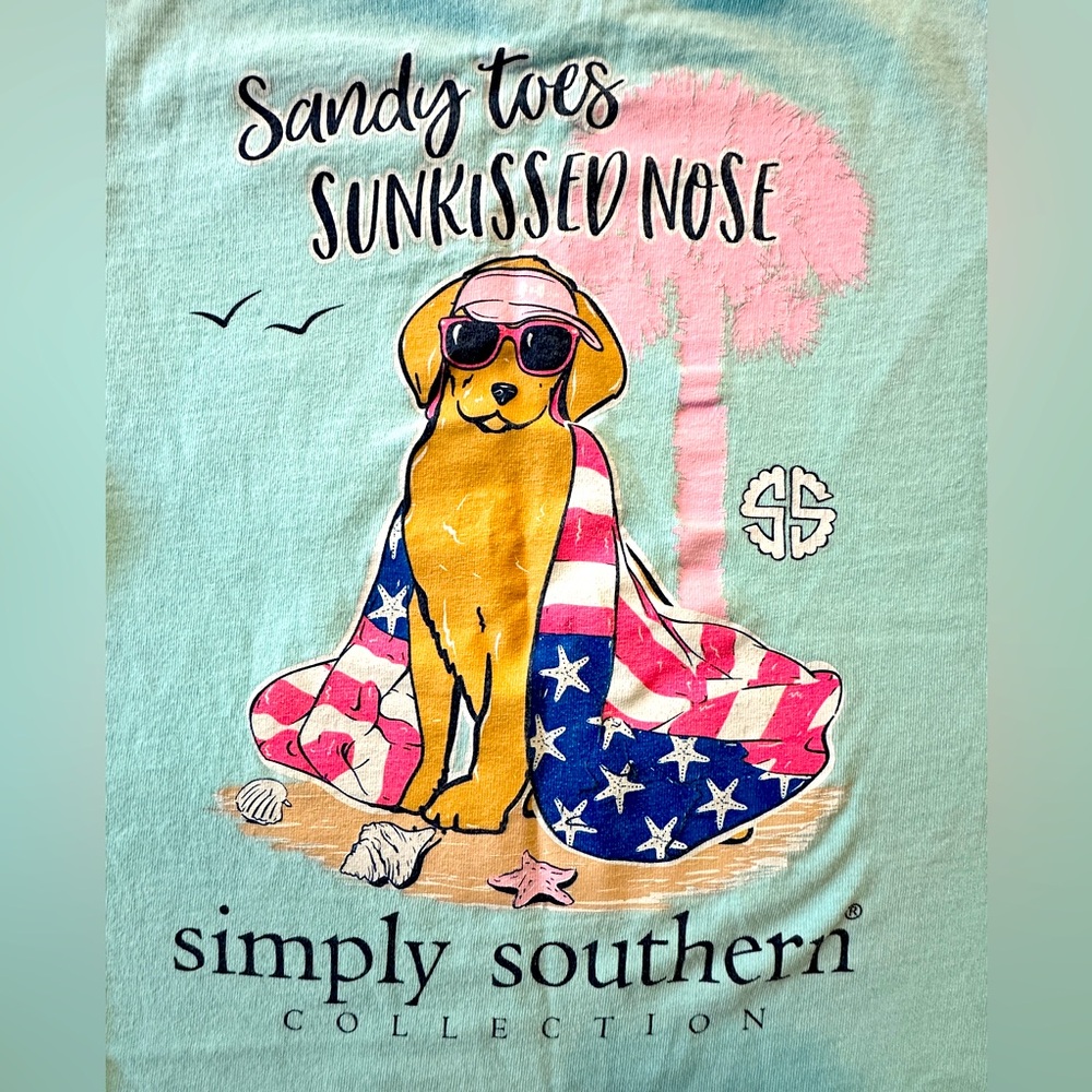 Simply Southern Collection girl t-shirt, size Small, blue, dog, beach, US flag